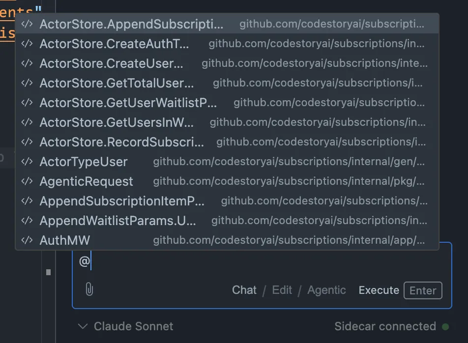 Screenshot of the code symbols attachments completion list