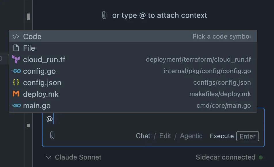 Screenshot of the context attachment completion list in the assistant panel input