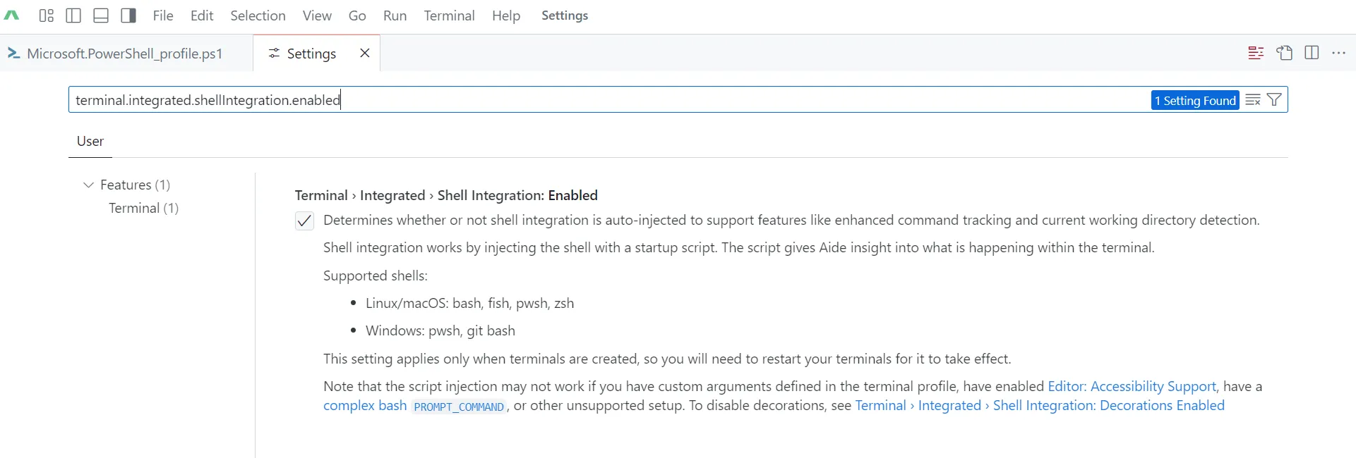 Screenshot of the terminal.integrated.shellIntegration.enabled setting in Aide